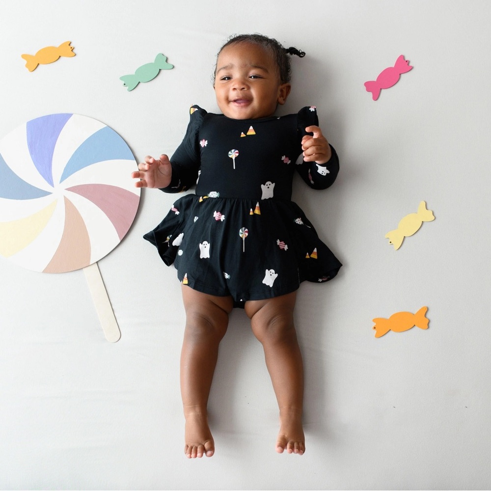 Kyte Baby Long Sleeve Twirl Bodysuit Dress in Trick or Treat 12-18 months